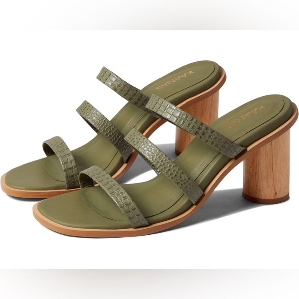 Kaanas Magdalena Wooden Heels Olive Green Crocodile Embossed Strap Size 7